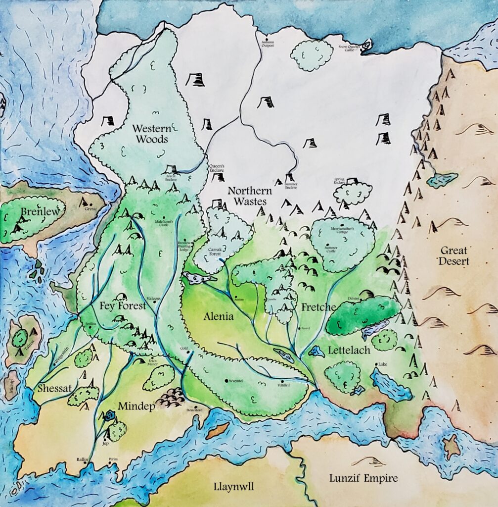 Hand drawn map of a fantasy world by S. R. Nulton