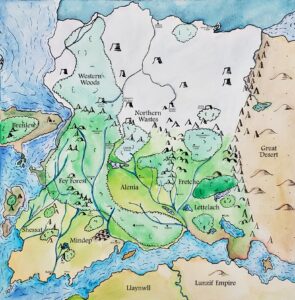 Hand drawn map of a fantasy world by S. R. Nulton