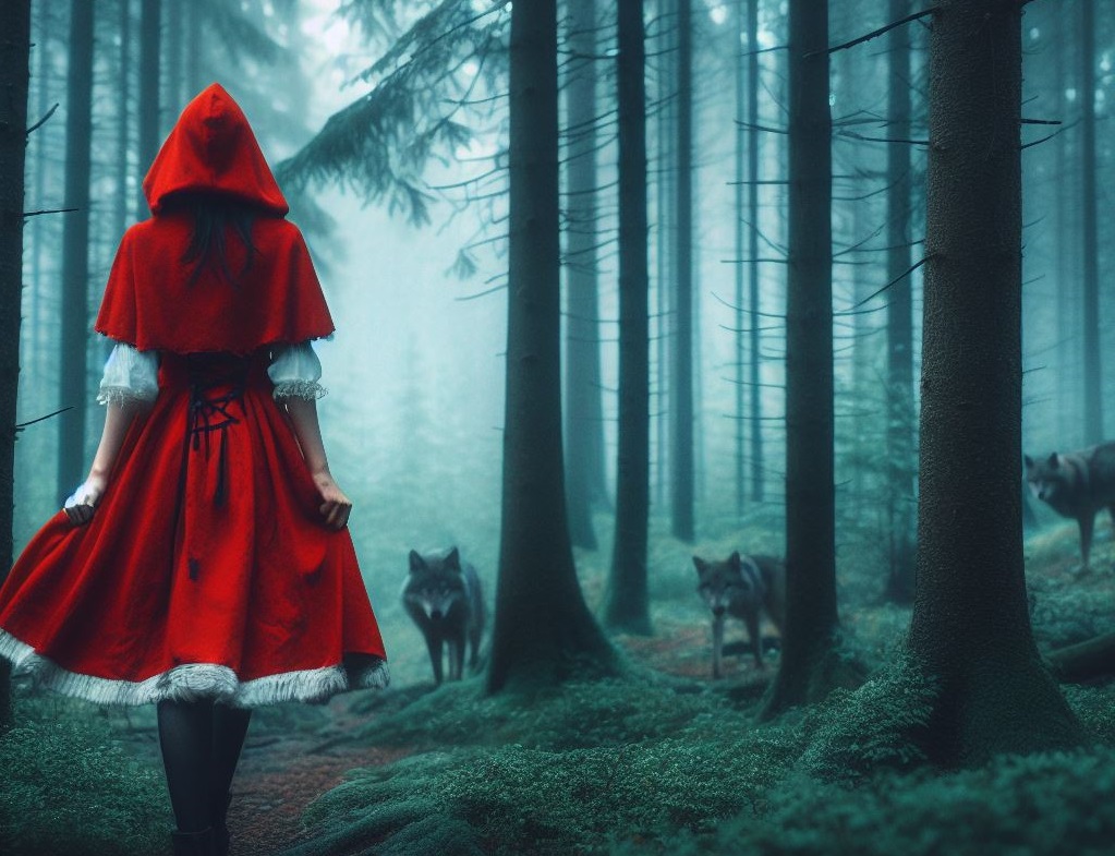 A girl in a red hooded cloak walks through a dim forest. Ahead wolves are stalking her